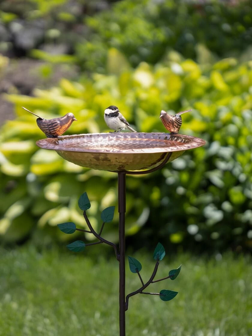 Pure Copper Bird Bath With Two Copper Birds And Tree Multipronged Garden Pole 3 Pure Copper Bird Bath With Two Copper Birds And Tree Multipronged Garden Pole
