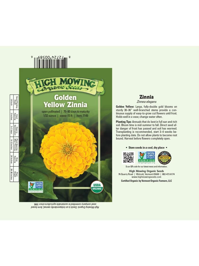Golden Yellow Zinnia Organic Seeds 4 Golden Yellow Zinnia Organic Seeds - Image 2