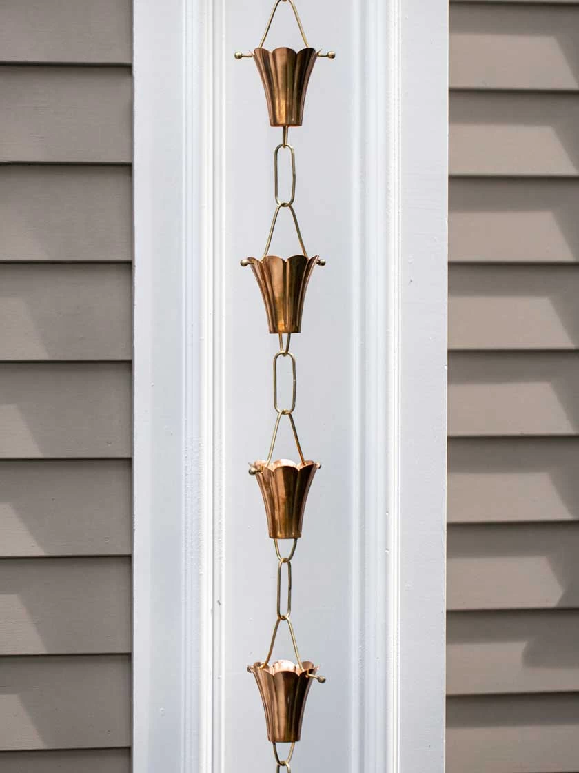 Fluted Flower Pure Copper Rain Chain, 8.5' 5 Fluted Flower Pure Copper Rain Chain, 8.5' - Image 3