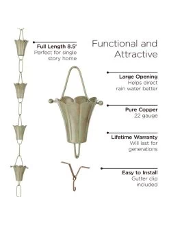 Fluted Flower Pure Copper Rain Chain, 8.5' 15 Fluted Flower Pure Copper Rain Chain, 8.5' -Outdoor Garden Care Shop 8612742 03v
