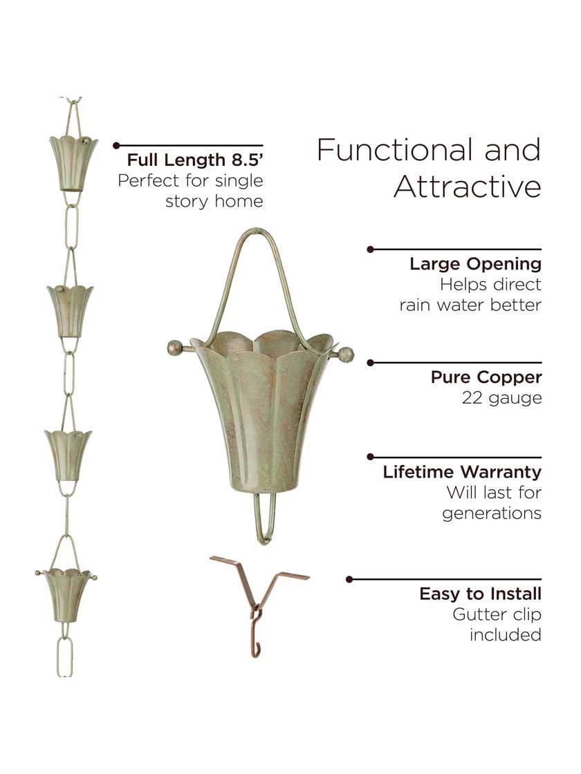 Fluted Flower Pure Copper Rain Chain, 8.5' 9 Fluted Flower Pure Copper Rain Chain, 8.5' - Image 7