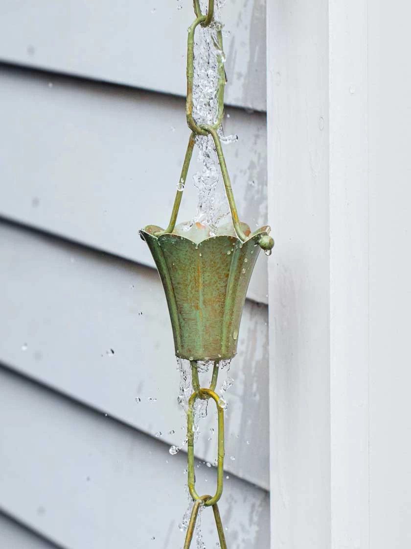 Fluted Flower Pure Copper Rain Chain, 8.5' 6 Fluted Flower Pure Copper Rain Chain, 8.5' - Image 4