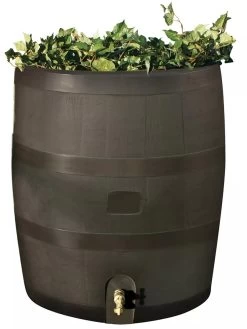 Round Rain Barrel With Planter, 35 Gallons -Outdoor Garden Care Shop 8612856WALNT 01V tif