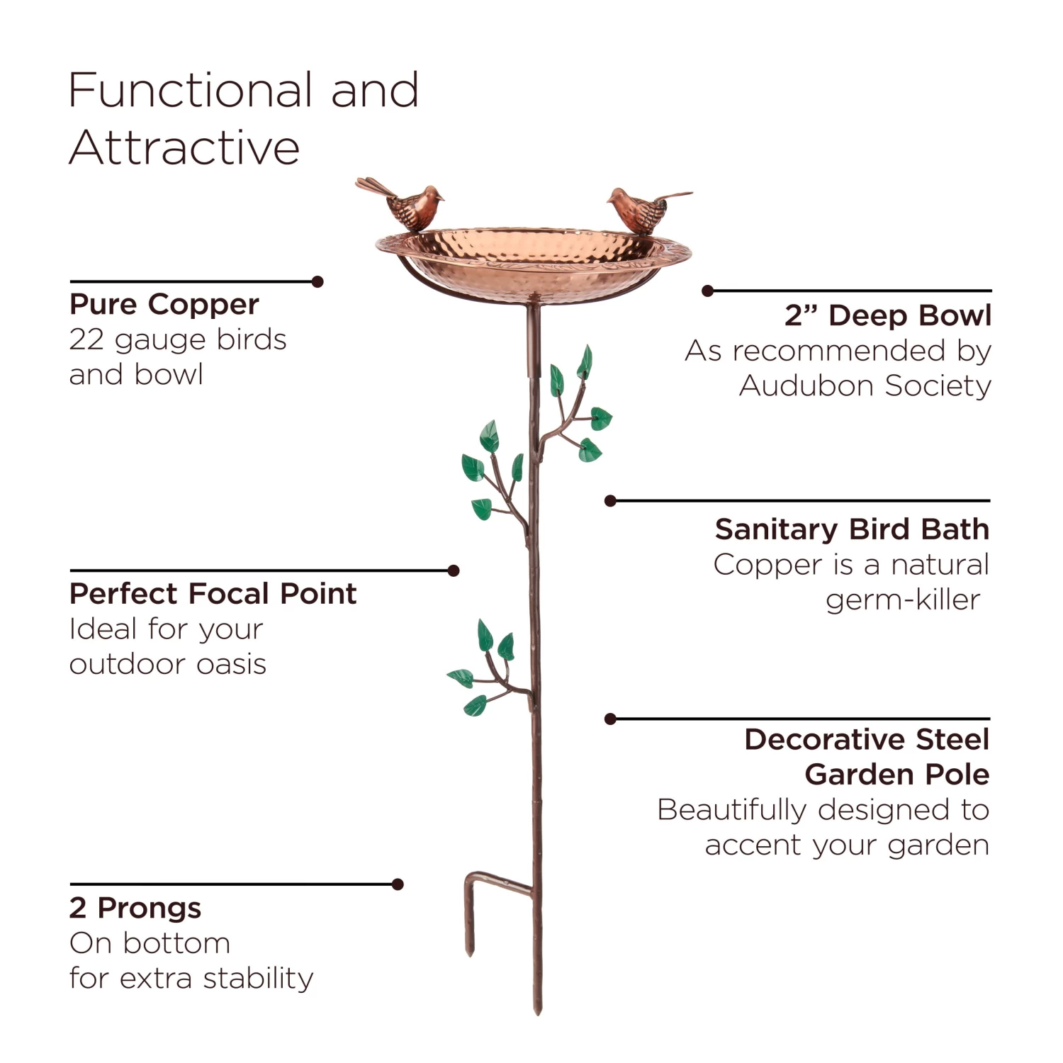 Pure Copper Bird Bath With Two Copper Birds And Tree Multipronged Garden Pole 9 Pure Copper Bird Bath With Two Copper Birds And Tree Multipronged Garden Pole - Image 7